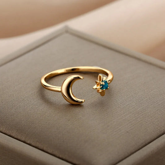 Adjustable Crescent Moon and Star Ring