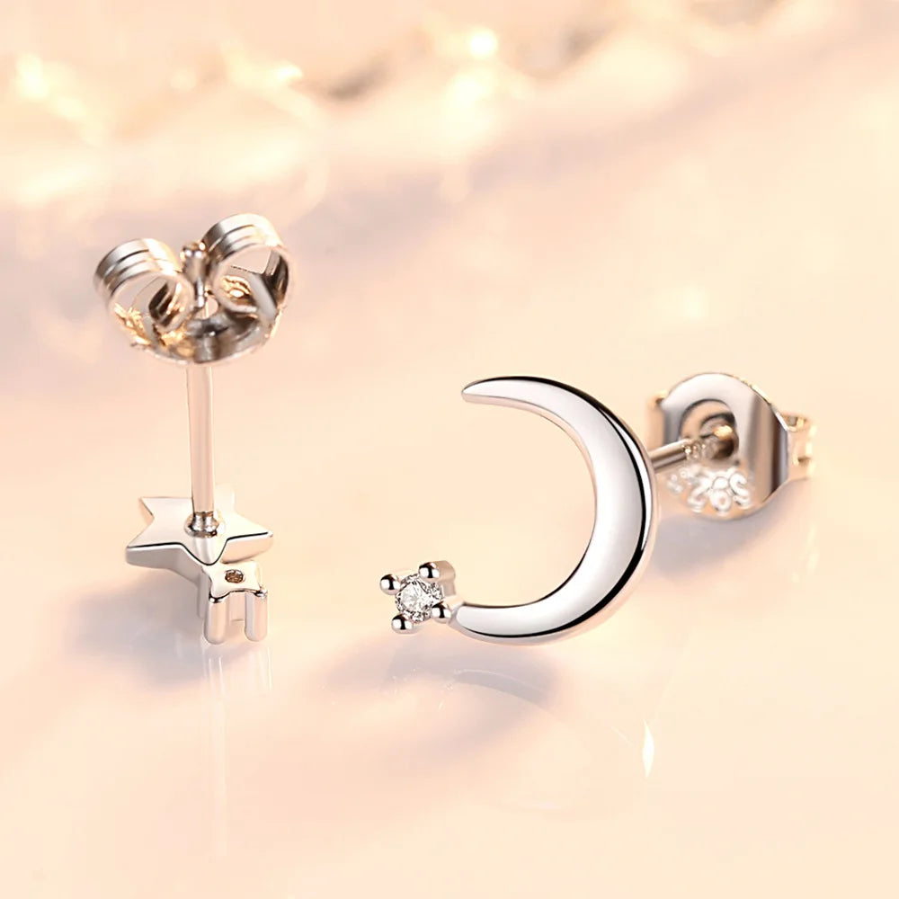 Asymmetrical Moon and Star Stud Earrings