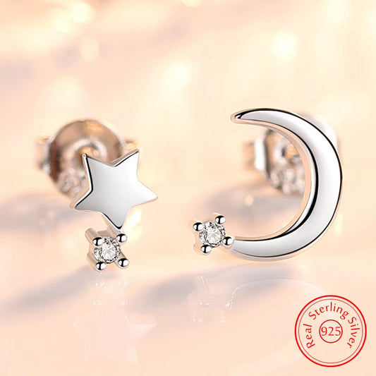 Asymmetrical Moon and Star Stud Earrings