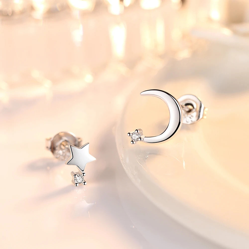 Asymmetrical Moon and Star Stud Earrings